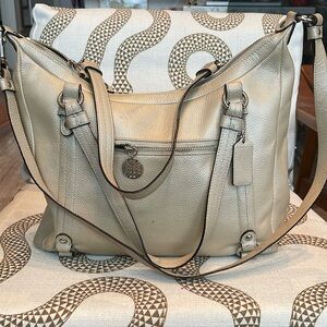 Coach Alexandra bag in pearl/ivory pebbled leather with blue satin lining